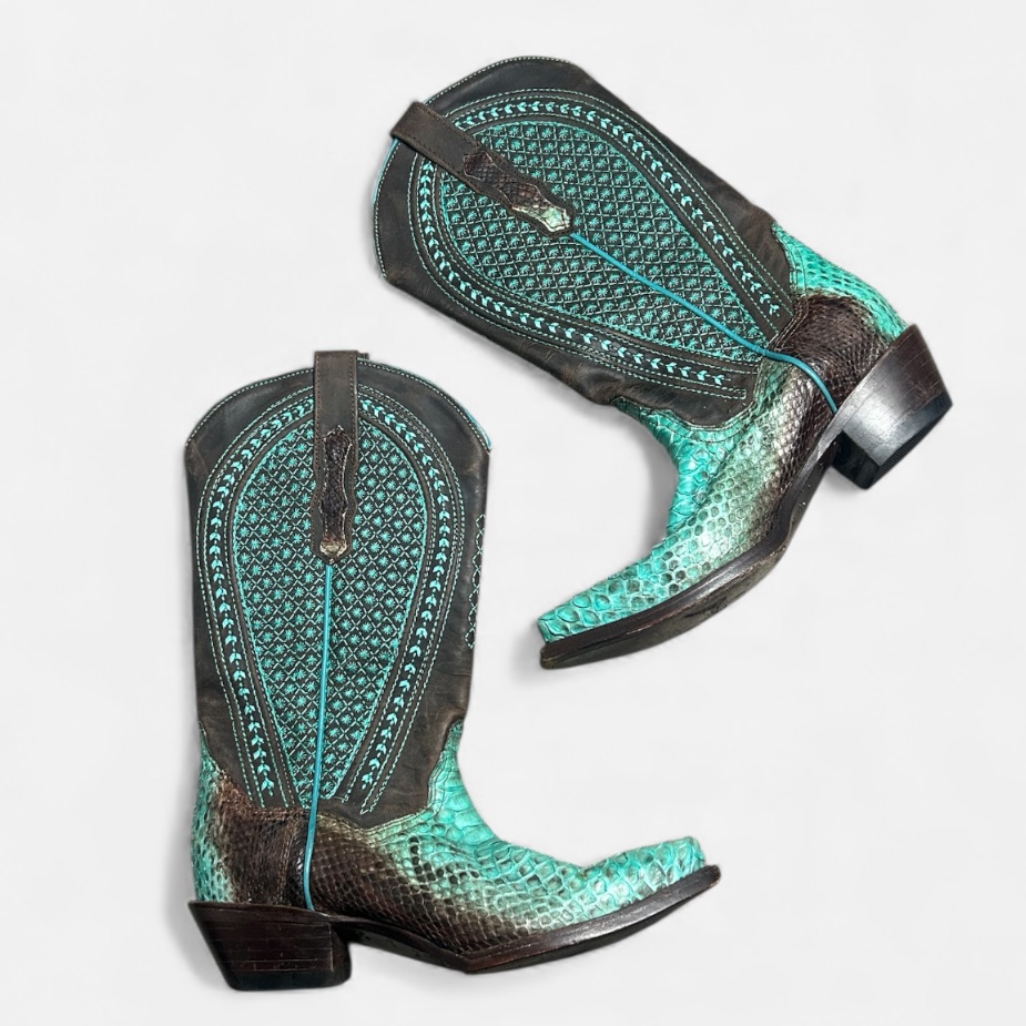 Vaccari Exotic Python Cowgirl Boots In Teal / Brown Size 8.5b
